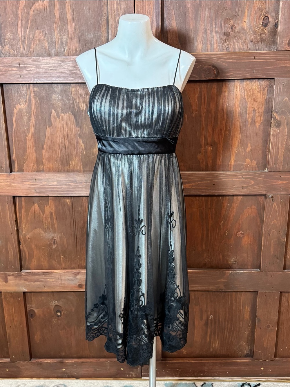S.L. Fashions Black Metallic Lace-Overlay Midi Dress